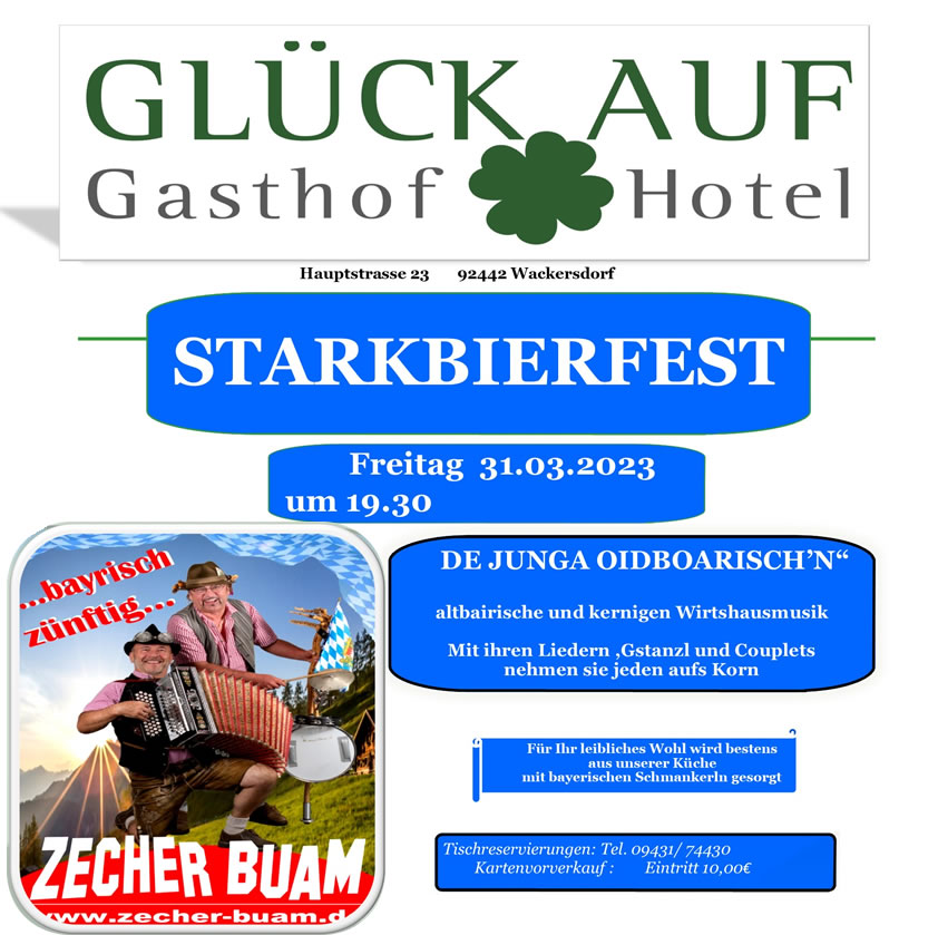 Starkbierfest am Freitag den 31.03.2023 um 19:30 Uhr im Gasthof des Hotels Glück Auf Wackersdorf.