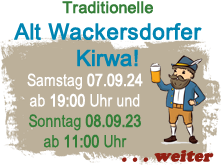 Hotel, Gasthof Glückauf Wackersdorf veranstaltet am Samstag den 7.9.2024 ab 19:00 Uhr (Tanz) und am 08.9.2924 ab 11:30 Uhr die „Alt Wackersdorfer Kirwa“ mit den Zecher Buam. Für original bayerischen Kirwaschmanker, (wie z.B. Karpfen, Reh, Entenbraten usw.) ist gesorgt. Ab 𝟏𝟏:𝟑𝟎 𝐔𝐡𝐫 ist auch für Unterhaltungsmusik mit Stefan Da Orginal Hüttenstürmer gesorgt. Nachmittags Kaffee und Kuchen. D𝒖𝒓𝒄𝒉𝒈𝒆𝒉𝒆𝒏𝒅 warme Küche.