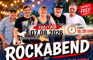 Hotel, Gasthof Glückauf Wackersdorf veranstaltet am 7.08.2026, ab 18:30 Uhr, einen Rock-Abend (Grillabend) mit life Musik (durch die Band Rockomotive Breath) und einer Extra sommerliche Speisekarte, dazu Erfrischende Sommerdrinks.